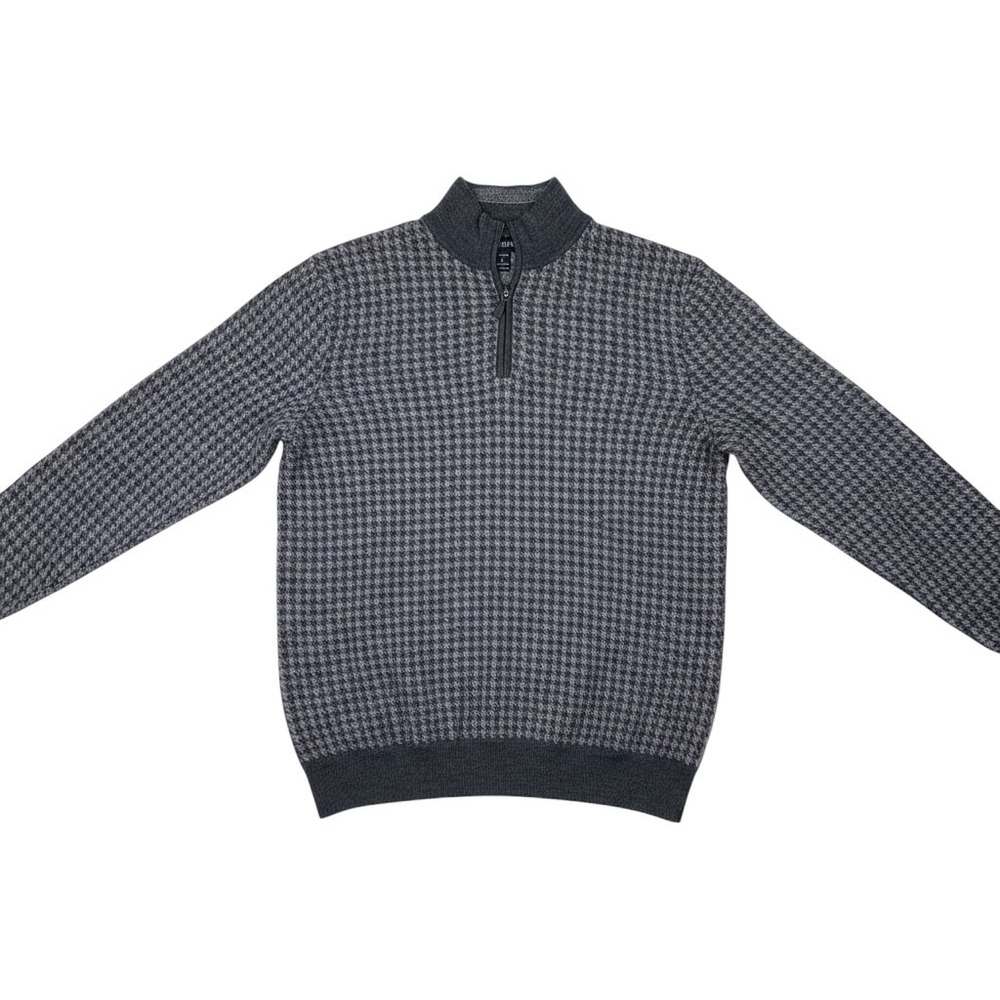 Jos. A. Bank Mens Grey Houndstooth Merino Wool Blend Quarter Zip Sweater Large